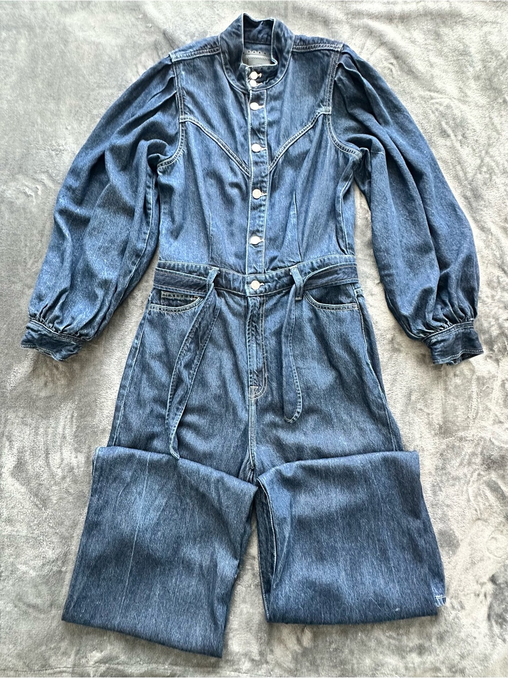 7 For All Mankind Women’s Denim Jumpsuit Large Dark Wash Wide Leg Belted - Picture 6 of 16